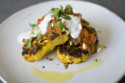 Seared Cauliflower Steak served with Coconut Cream, Blistered Tomatoes and Coriander Salsa