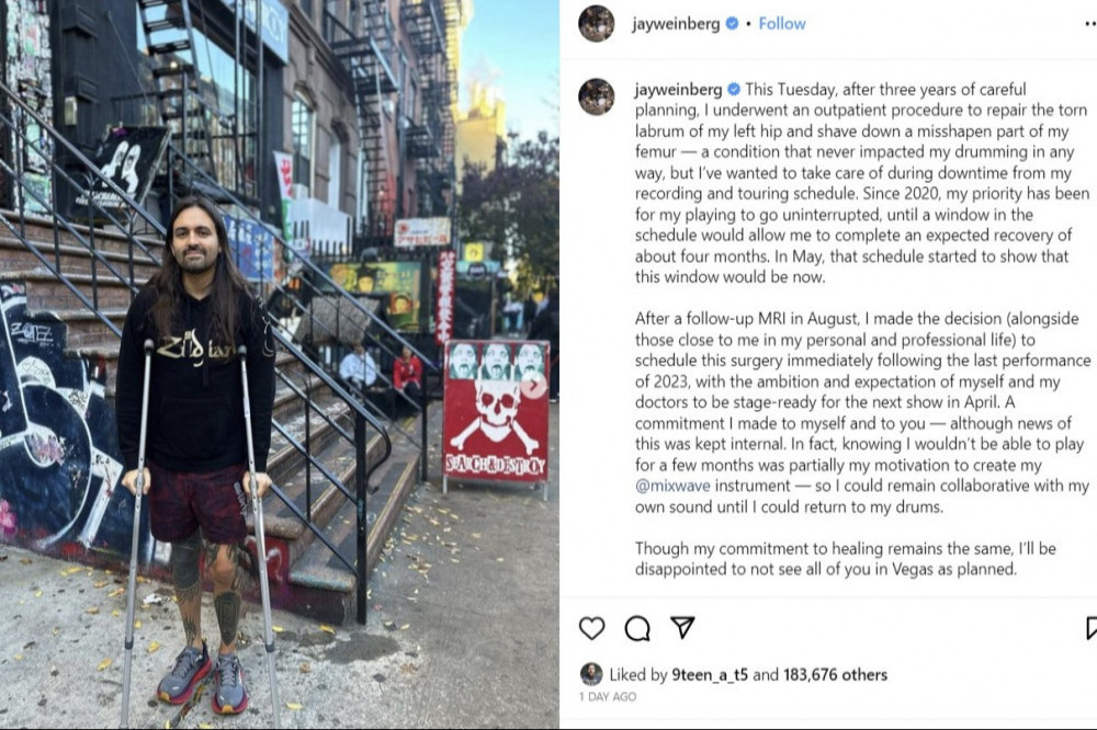 Former Slipknot drummer Jay Weinberg has undergone hip and femur surgery, just days after he was axed from the band - Instagram-Jay Weinberg