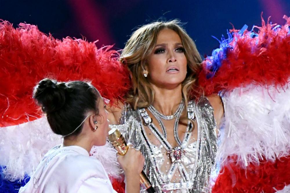 Jennifer Lopez and daughter Emme during the Super Bowl half-time show 