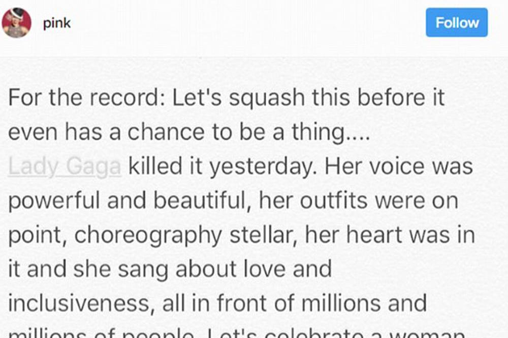 Pink message about Lady Gaga on (c) Instagram