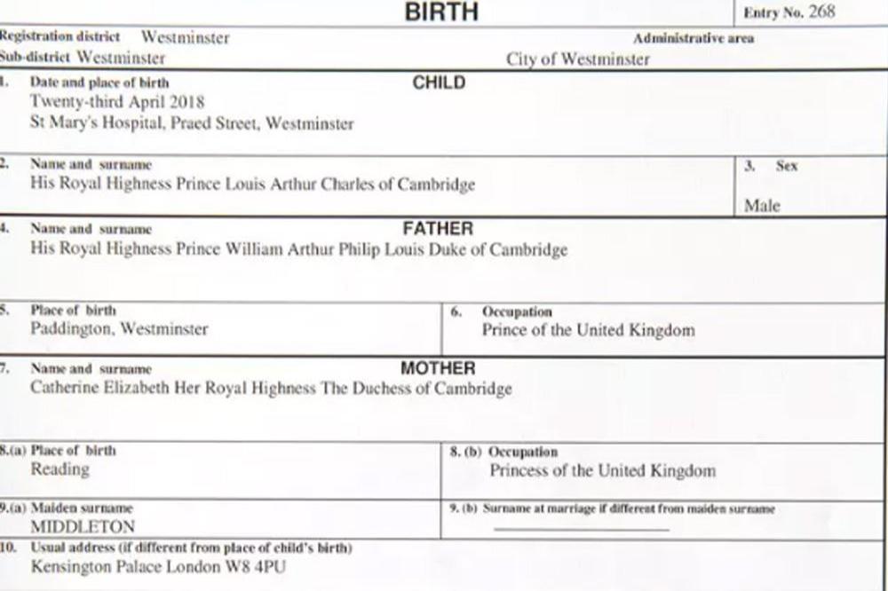Prince Louis Arthur Charles' birth certificate 