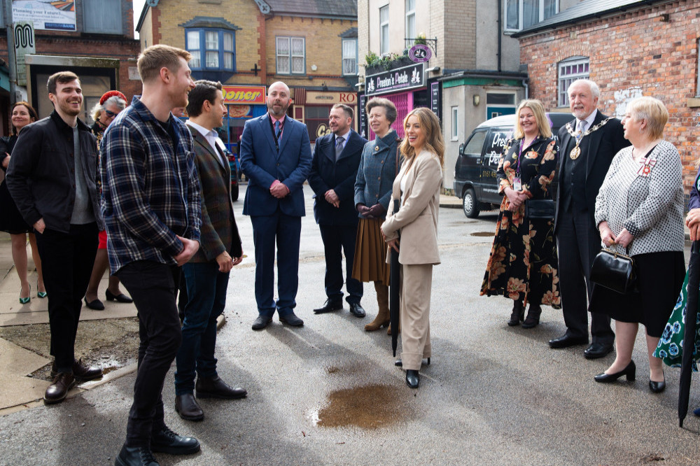 Princess Anne visited the Coronation Street set to meet cast and members of the production team involved in the soap's acid attack storyline