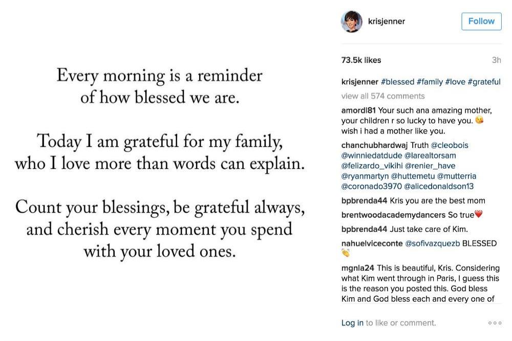 Quote on Kris Jenner's Instagram