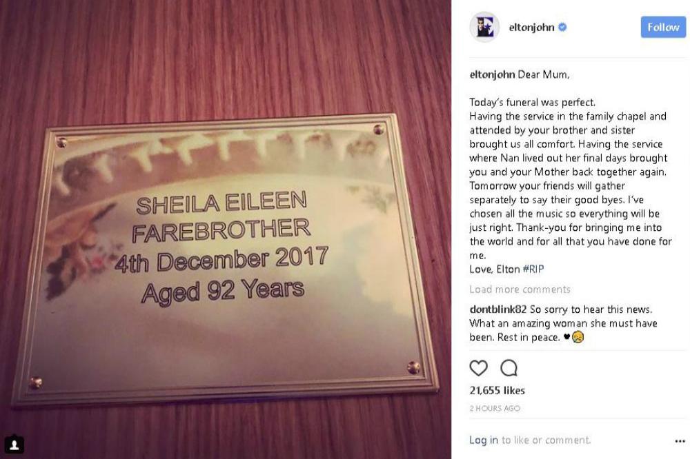 Sheila Farebrother laid to rest (c) Elton John/Instagram