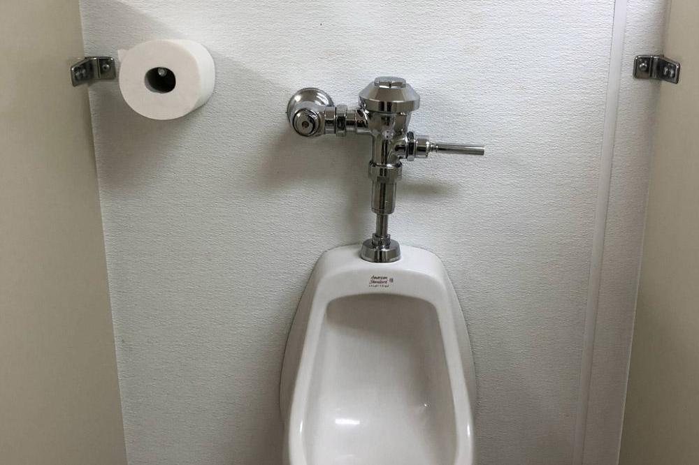 Woman complains about blue toilet seat