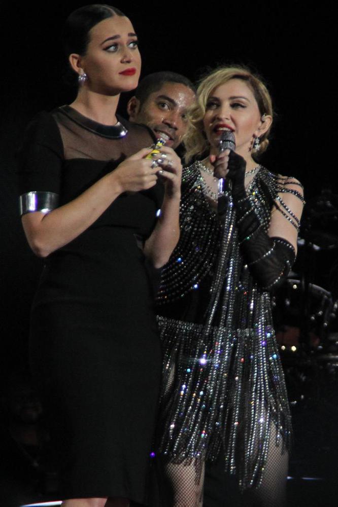 Katy Perry and Madonna on stage at The Forum