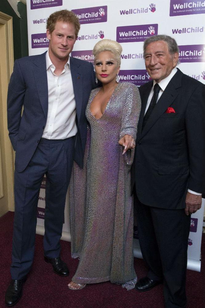 Prince Harry with Lady Gaga and Tony Bennett at the WellChild gala