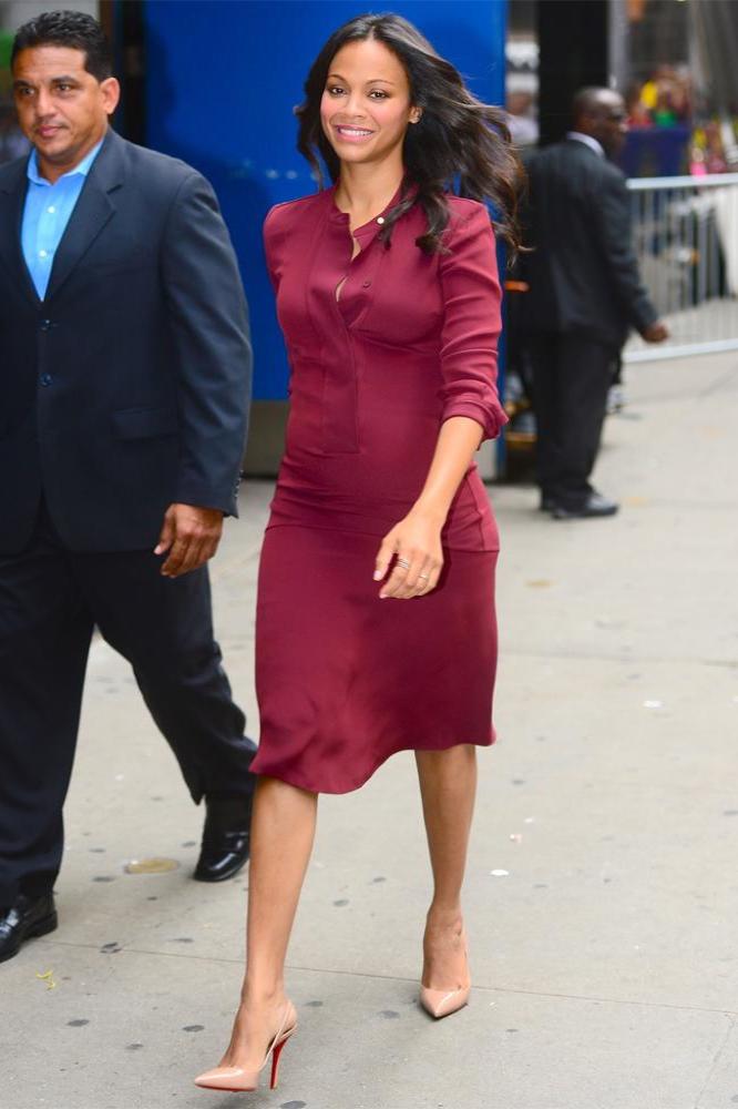 Zoe Saldana looks chic in a simple burgundy shift dress