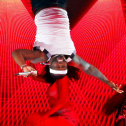 50 Cent performs upside down at the Super Bowl