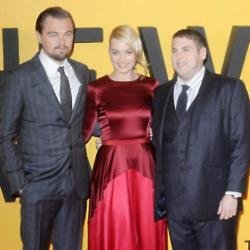 Leonardo DiCaprio with Margot Robbie and Jonah Hill at premiere