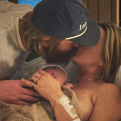 Wyatt Russell and Meredith Hagner with their new baby (c) Instagram