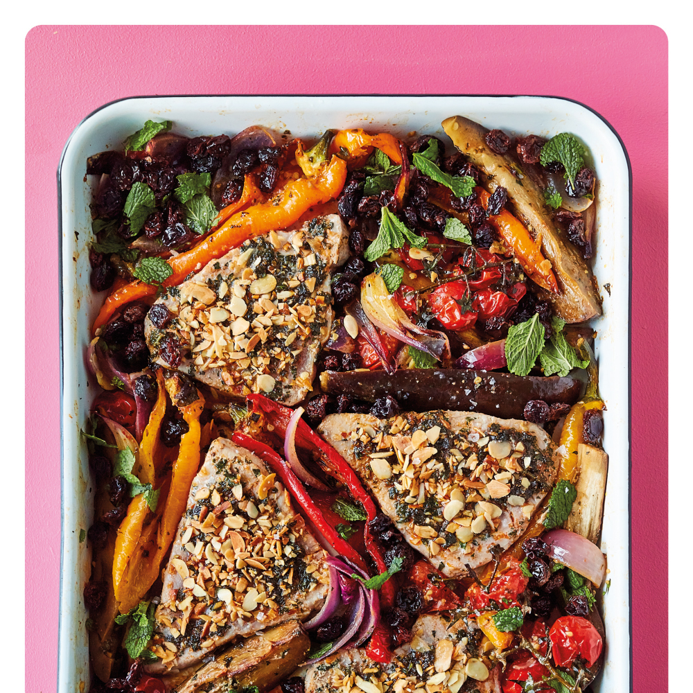 Chermoula Roasted Tuna Recipe With Peppers, Chickpeas And Raisins