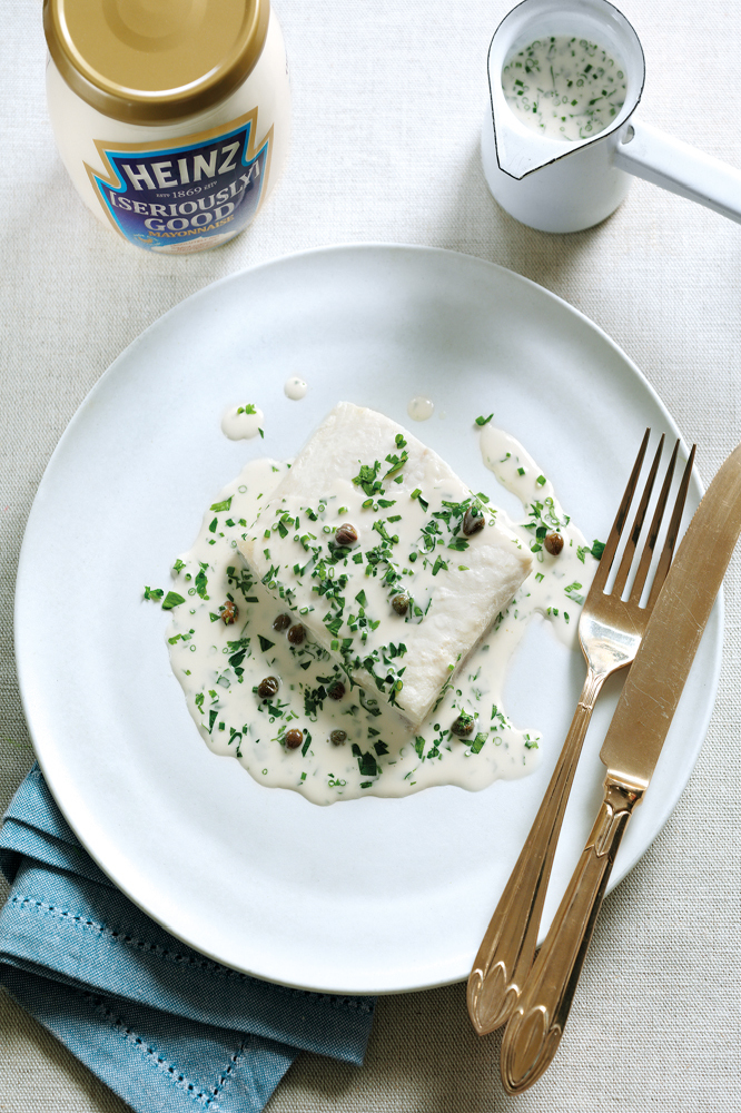 Baked Halibut, Caper and Herb Sauce