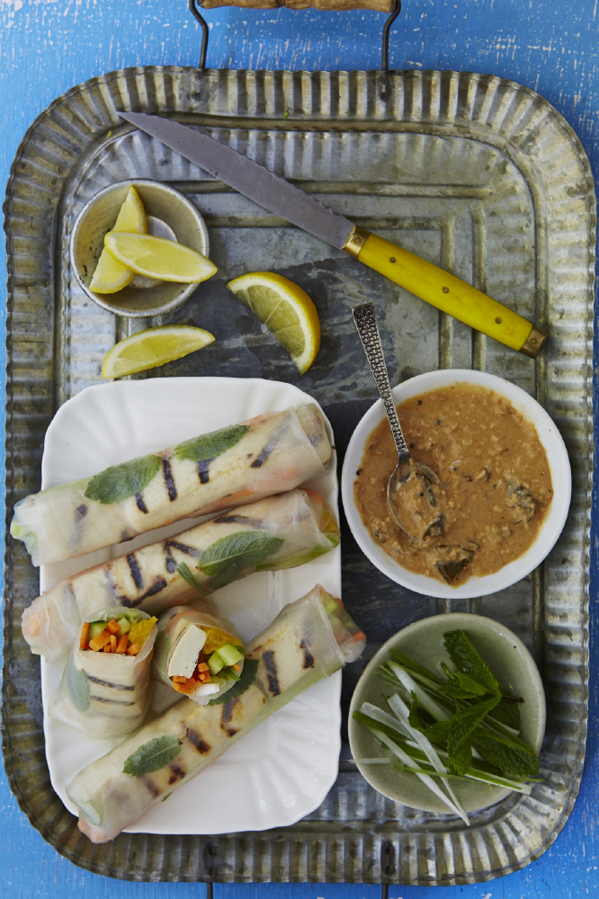 Grilled Tofu and Tangerine Summer rolls with Spicy Peanut Sauce