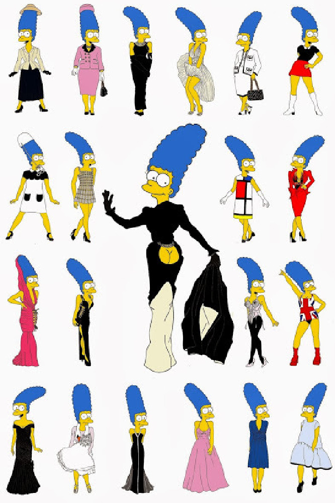 Marge Simpson in a range of iconic dresses