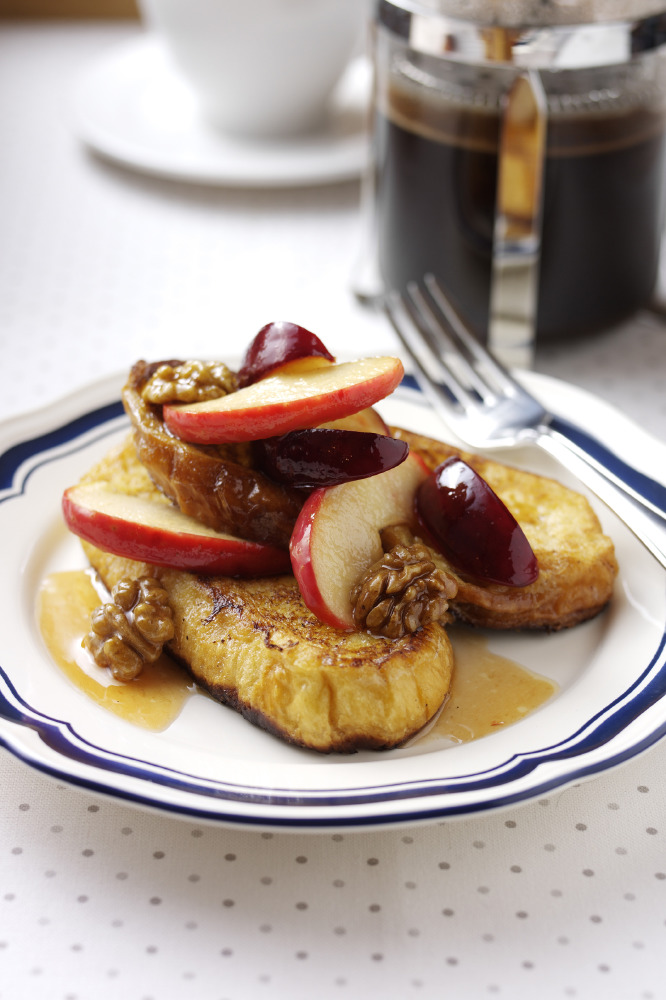Pain Perdu With Caramelised Pink Lady Apple Wedges, Plums & Walnuts