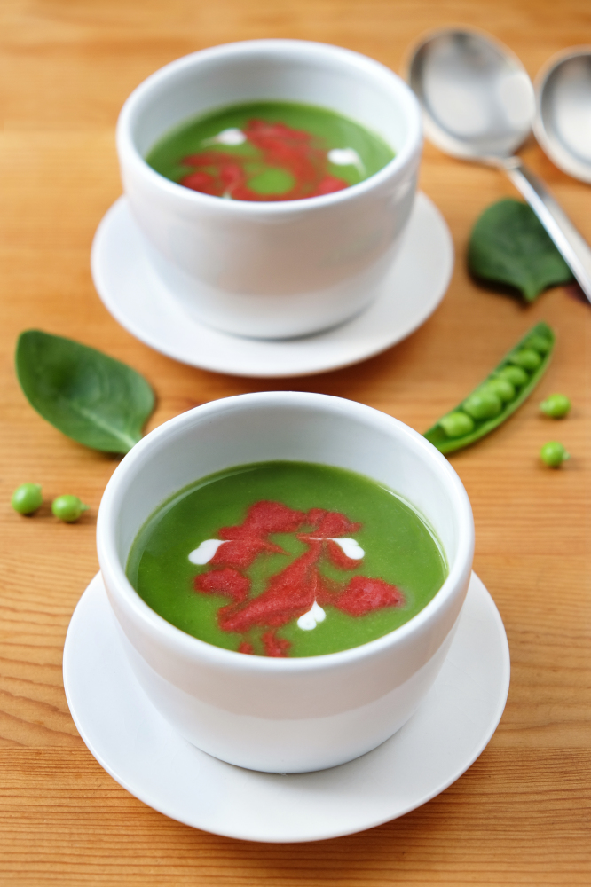 Pea and Spinach Soup with Beetroot Swirl