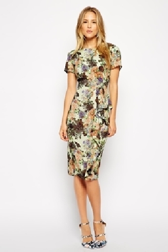 ASOS Pencil Dress with Waterfall Detail in Pretty Digital Floral