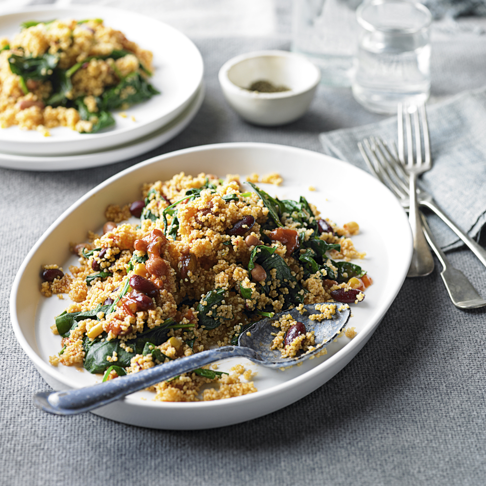 Spicy mixed beans & spinach couscous