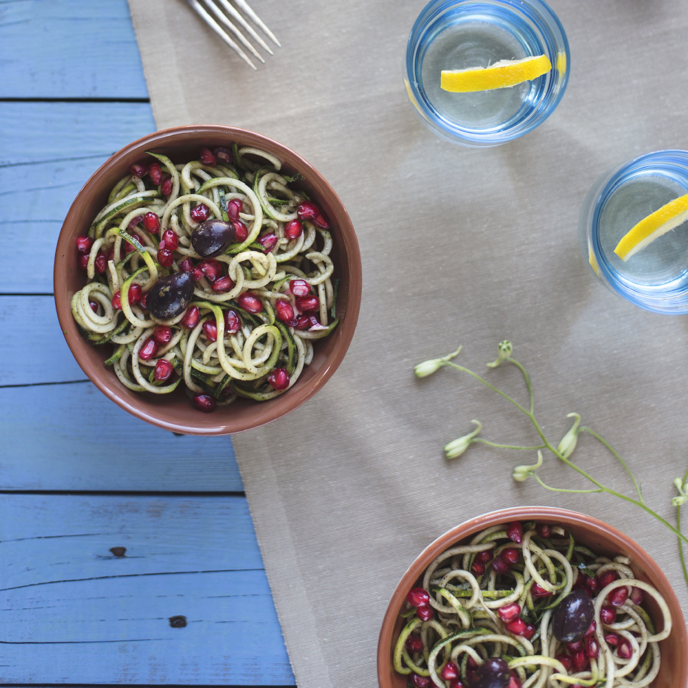 Raw Pasta Salad with Olive and Pomegranate Dressing
