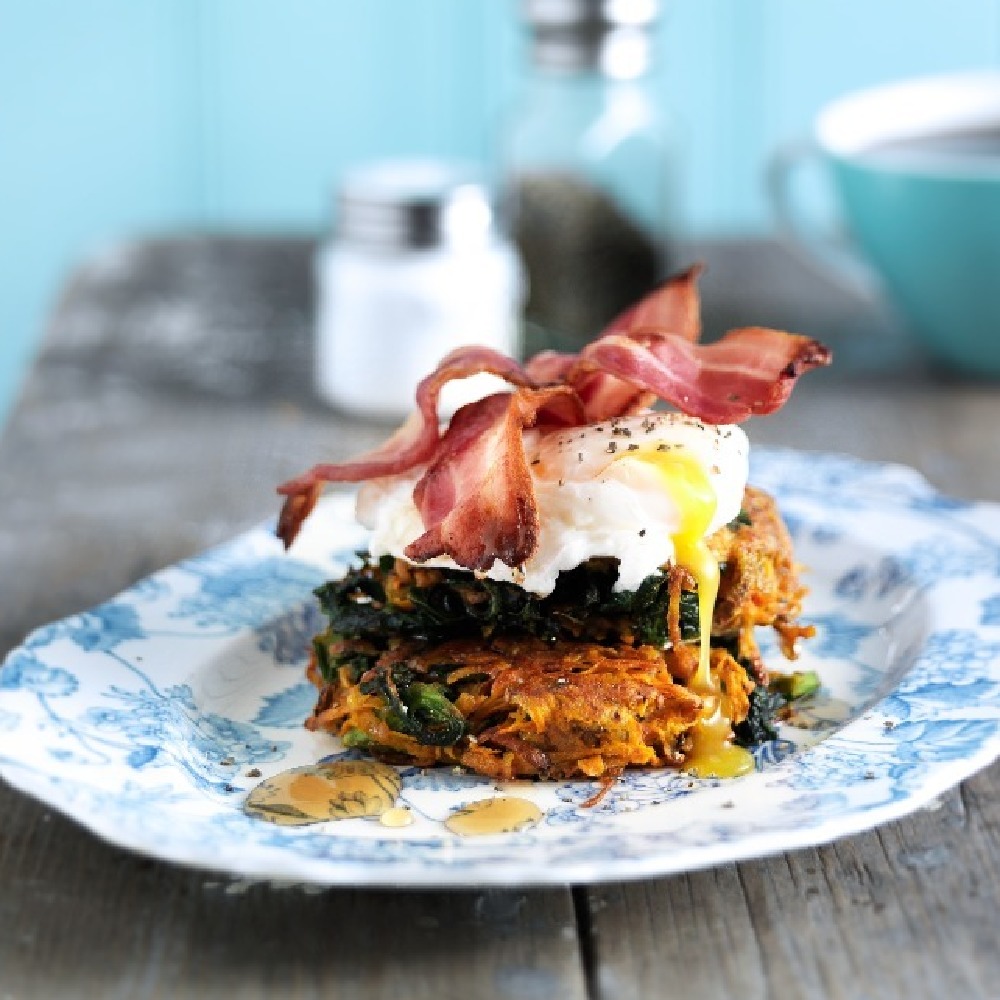 Sweet Potato & Kale Rosti With Poached Egg & Agave Bacon