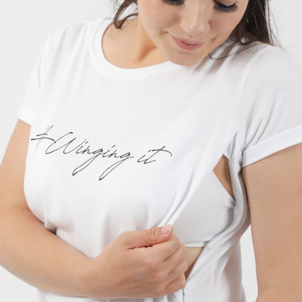 'Winging it' T-shirt designed with easy access for breastfeeding mums