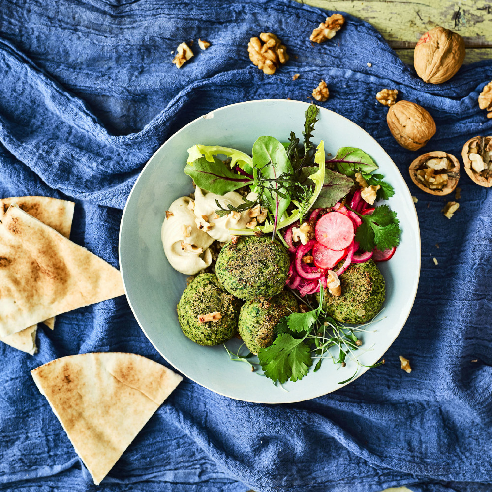 California Walnut, Falafel And Quick Pickled Radish Buddha Bowl