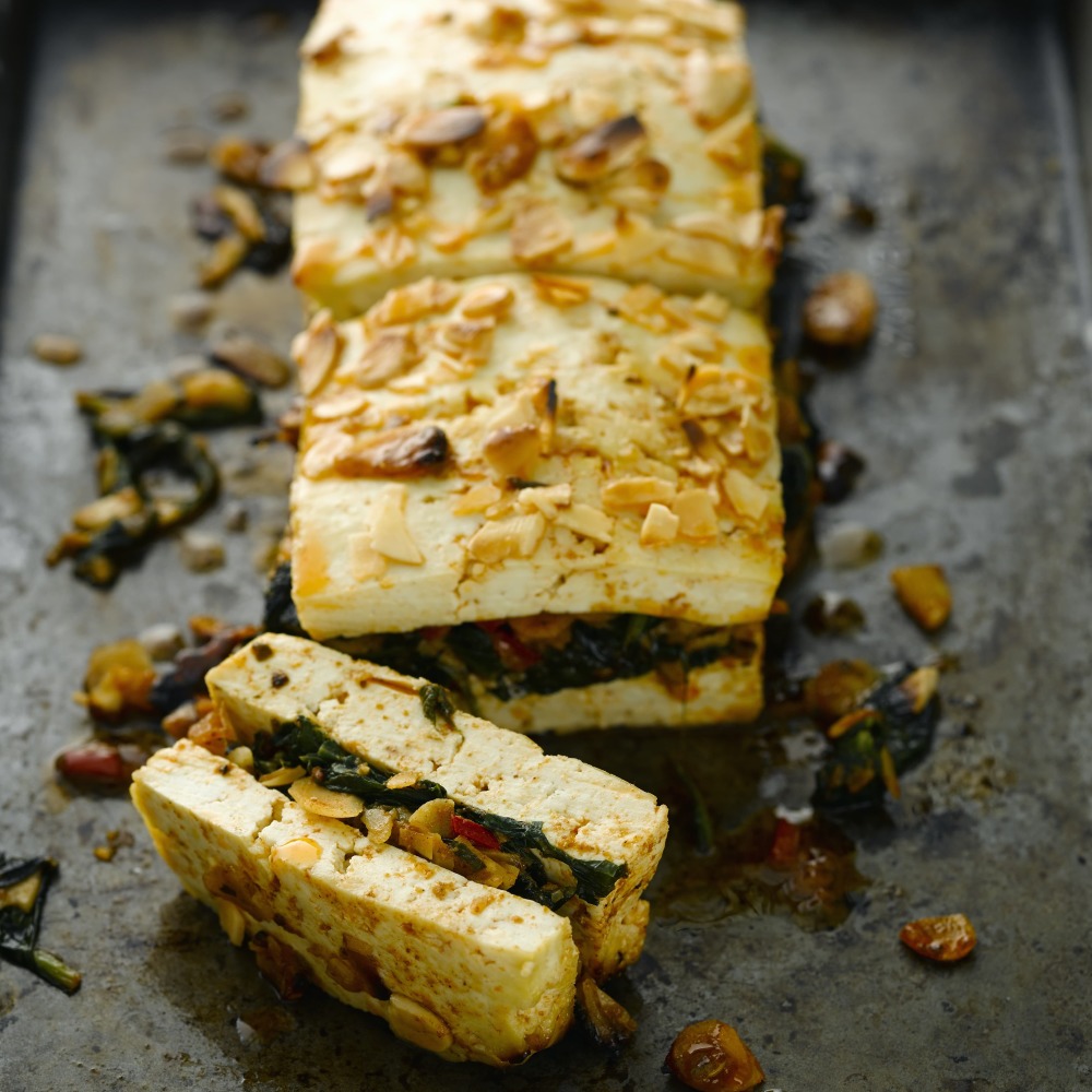 Whole baked Tofu with Spinach and Almonds