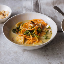 Malaysian tofu & carrot noodle laksa with flaked almonds