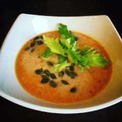 Pumpkin coconut red lentil cream with chilli lime and ginger
