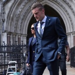 Rebekah and Jamie Vardy leaving the Royal Courts of Justice in London